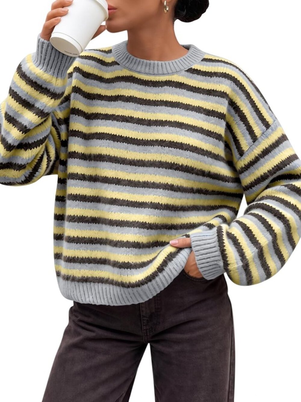 Women's Grey Brown Yellow Striped Crew Neck Oversized Fall Knit Winter Sweaters